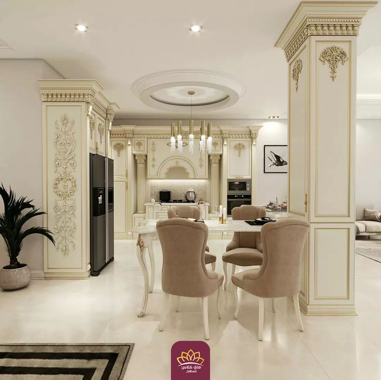 مقارنة بين مطبخ مودرن أنيق بخطوط نظيفة وألوان محايدة، ومطبخ كلاسيكي فخم بألوان دافئة