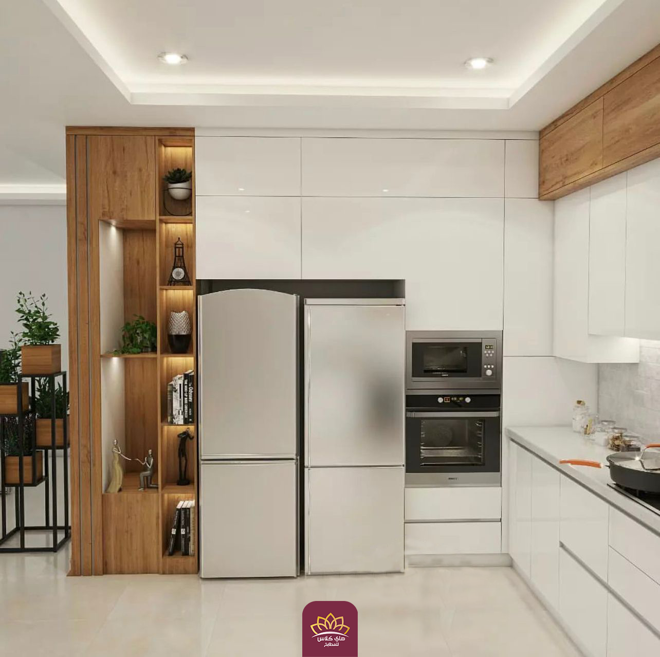 مطبخ عصري مرتب مع أرفف خشبية وأدراج منظمة لحفظ الأدوات بطريقة عملية.